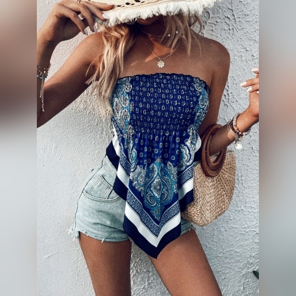 *New Boho Bandana Scarf Print Hanky Hem Smocked Tube Top Blue White Black - Picture 2 of 7